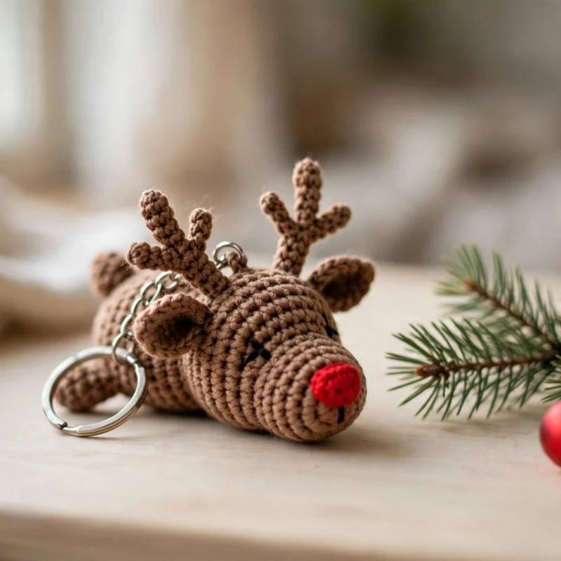 Crocheted reindeer keychain with a red nose and metal keyring resting on a wooden table beside a pine sprig and a red Christmas bauble