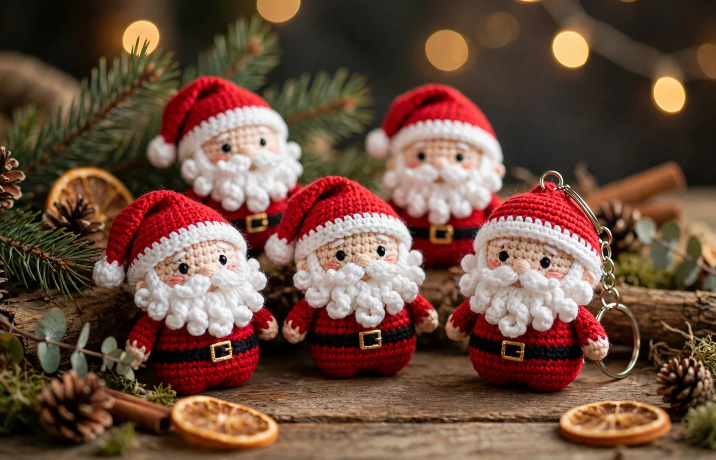 Handmade crochet Santa keychains with red hats and white beards arranged on a wooden table with Christmas lights