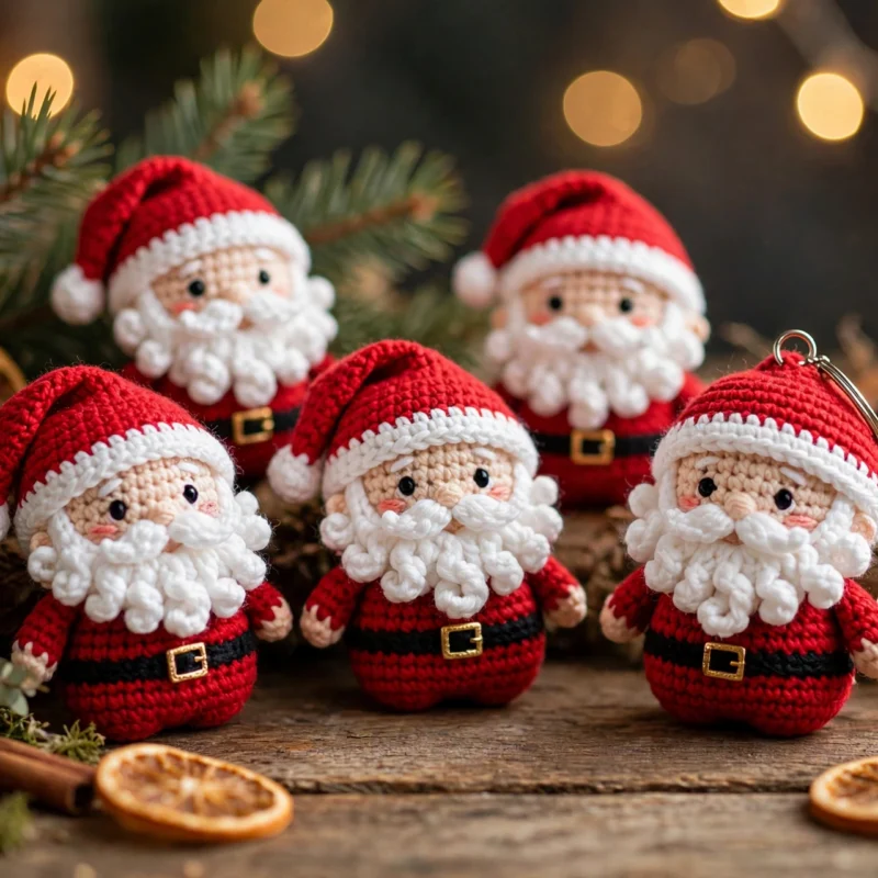 Handmade crochet Santa keychains with red hats and white beards arranged on a wooden table with Christmas lights
