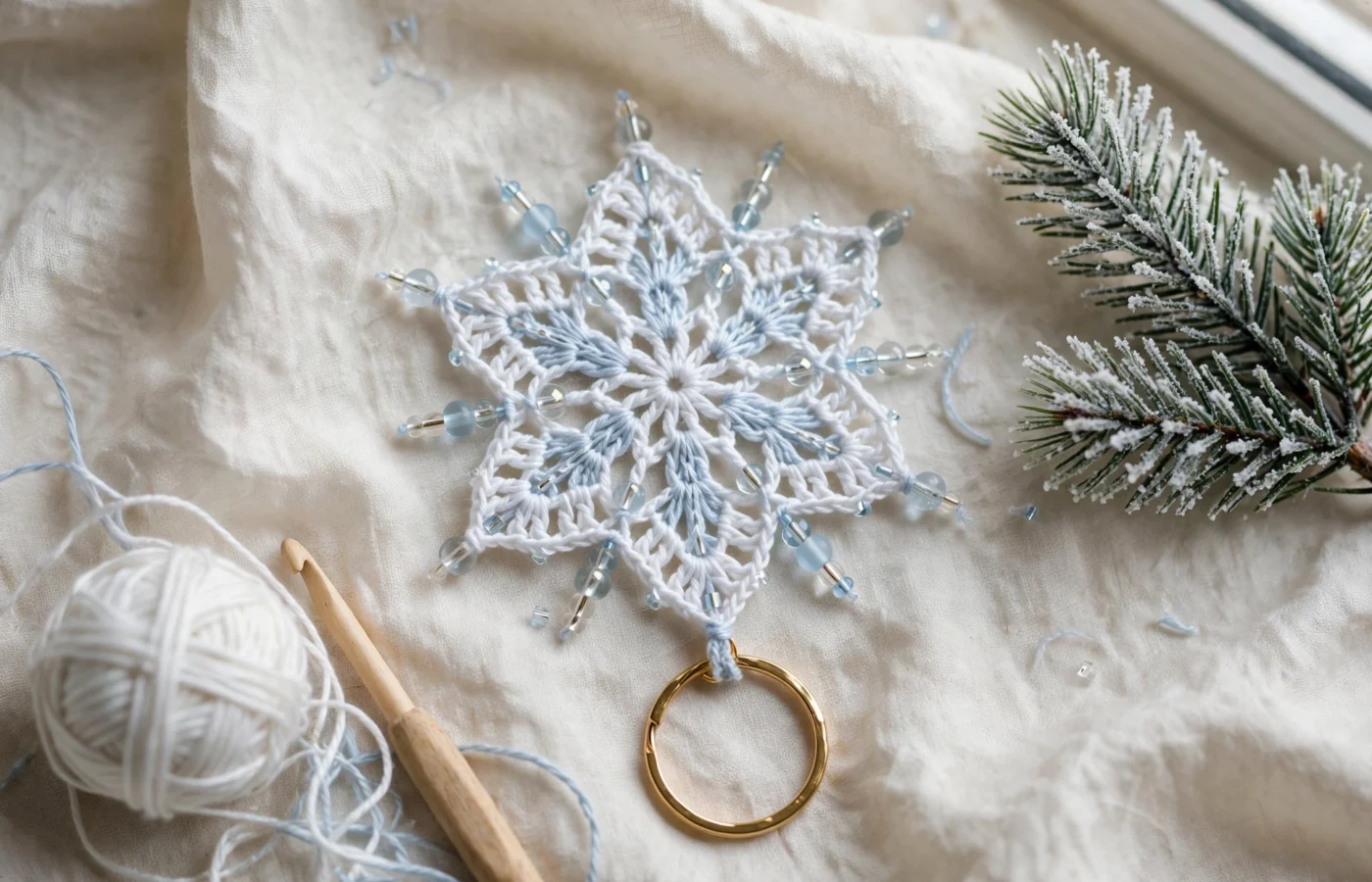 White crochet snowflake keychain with beads on a gold keyring, styled with frosted pine and yarn.