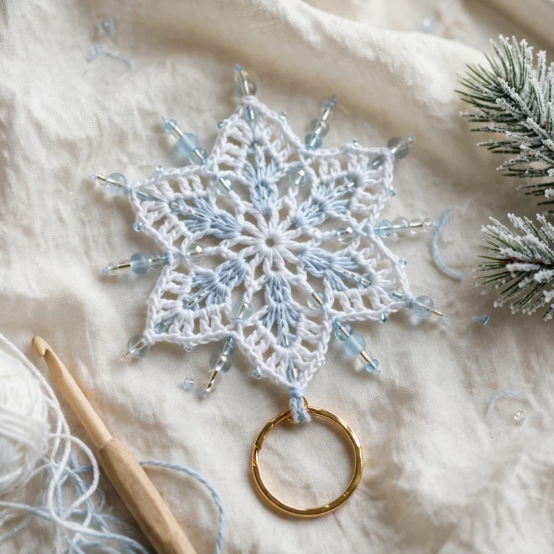 White crochet snowflake keychain with beads on a gold keyring, styled with frosted pine and yarn.