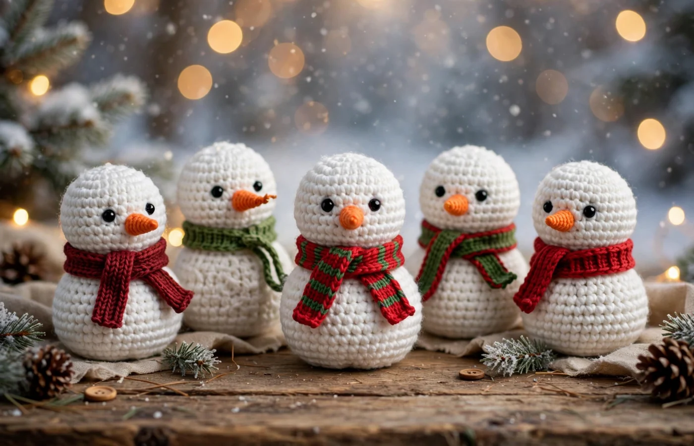 Five small crochet snowman amigurumi with carrot noses and red and green scarves on a wooden table