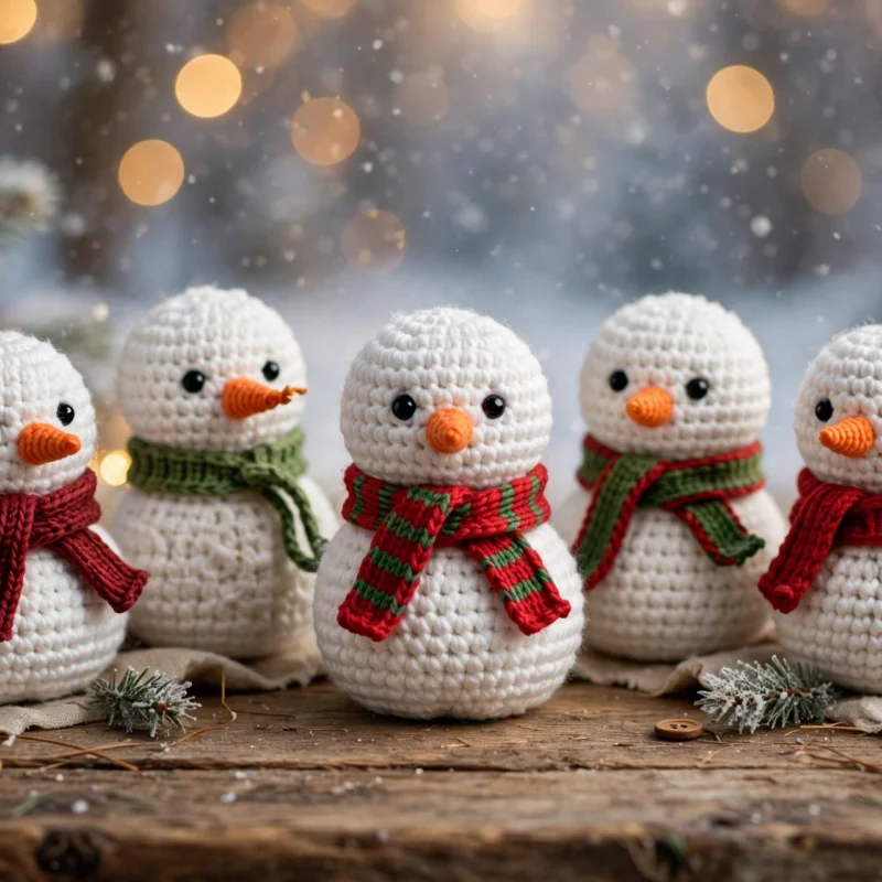 Five small crochet snowman amigurumi with carrot noses and red and green scarves on a wooden table