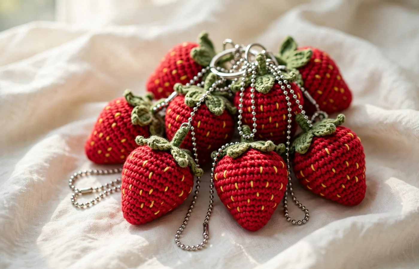 Handmade crocheted strawberry amigurumi keychains with red bodies, yellow seed embroidery, green leafy tops and silver ball chains on cream linen
