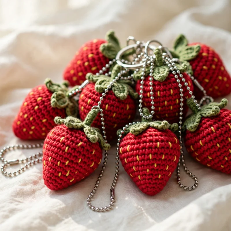 Handmade crocheted strawberry amigurumi keychains with red bodies, yellow seed embroidery, green leafy tops and silver ball chains on cream linen