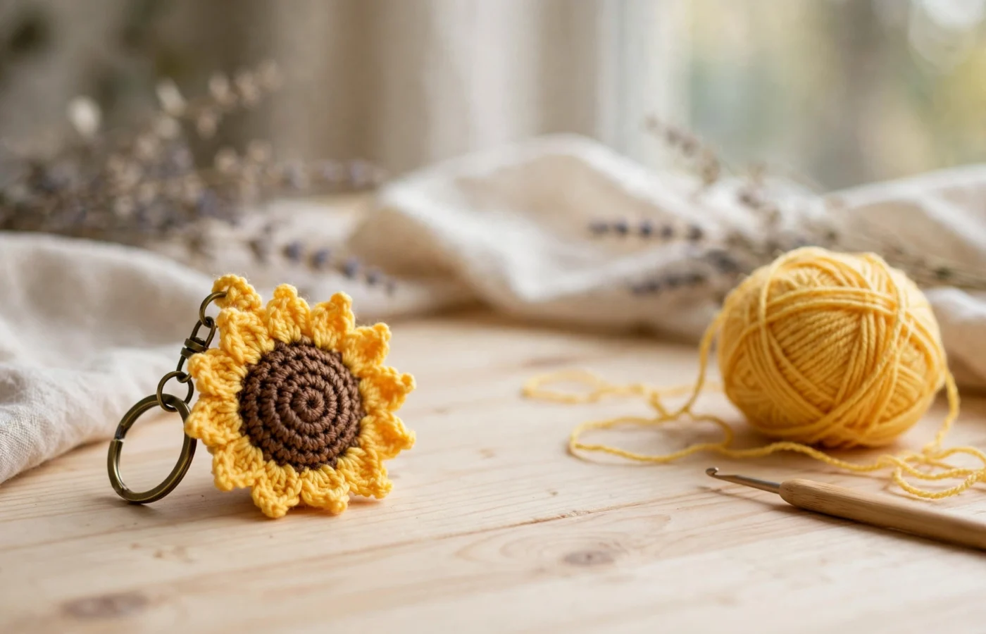 Crochet sunflower keychain with yellow petals and a brown center on a wooden table beside yellow yarn