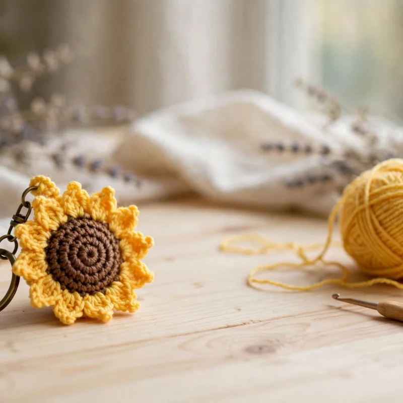 Crochet sunflower keychain with yellow petals and a brown center on a wooden table beside yellow yarn