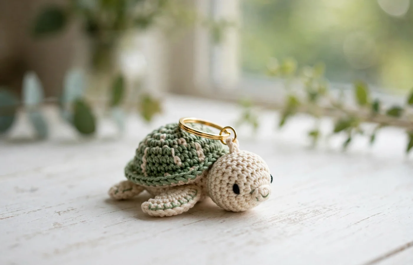 Handmade crochet turtle amigurumi keychain with green shell and cream body on a white wooden table