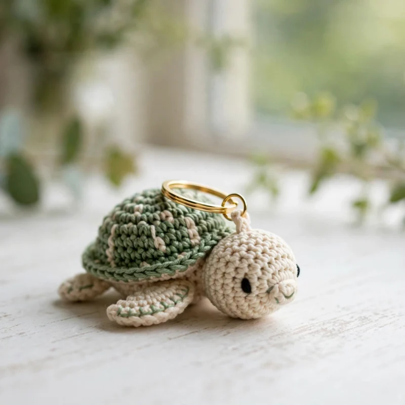 Handmade crochet turtle amigurumi keychain with green shell and cream body on a white wooden table