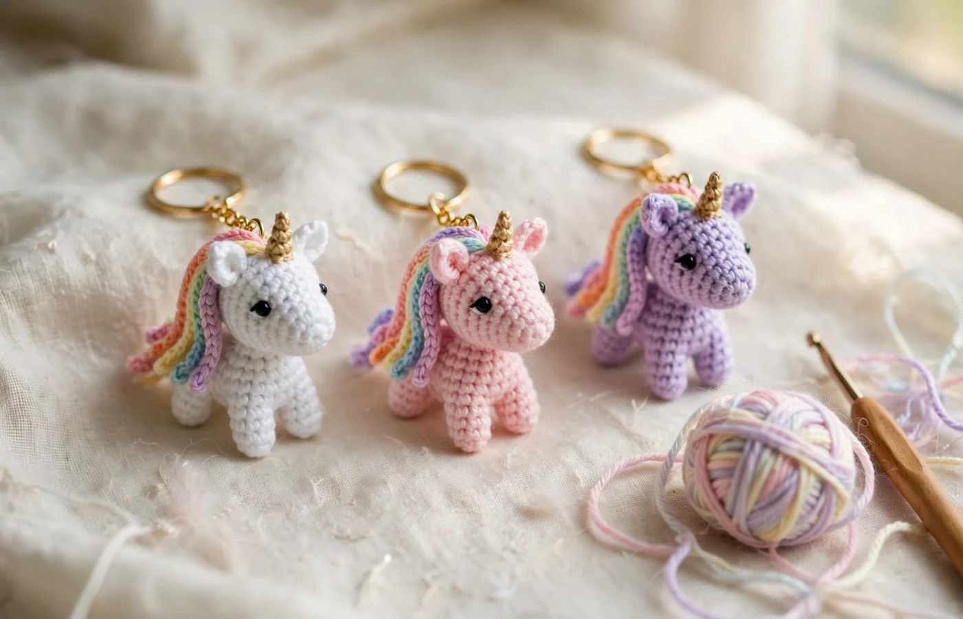 Three tiny crochet unicorn keychains in white, pink and lavender yarn with rainbow manes and golden horns on a cream linen surface beside a pastel yarn ball and a crochet hook.