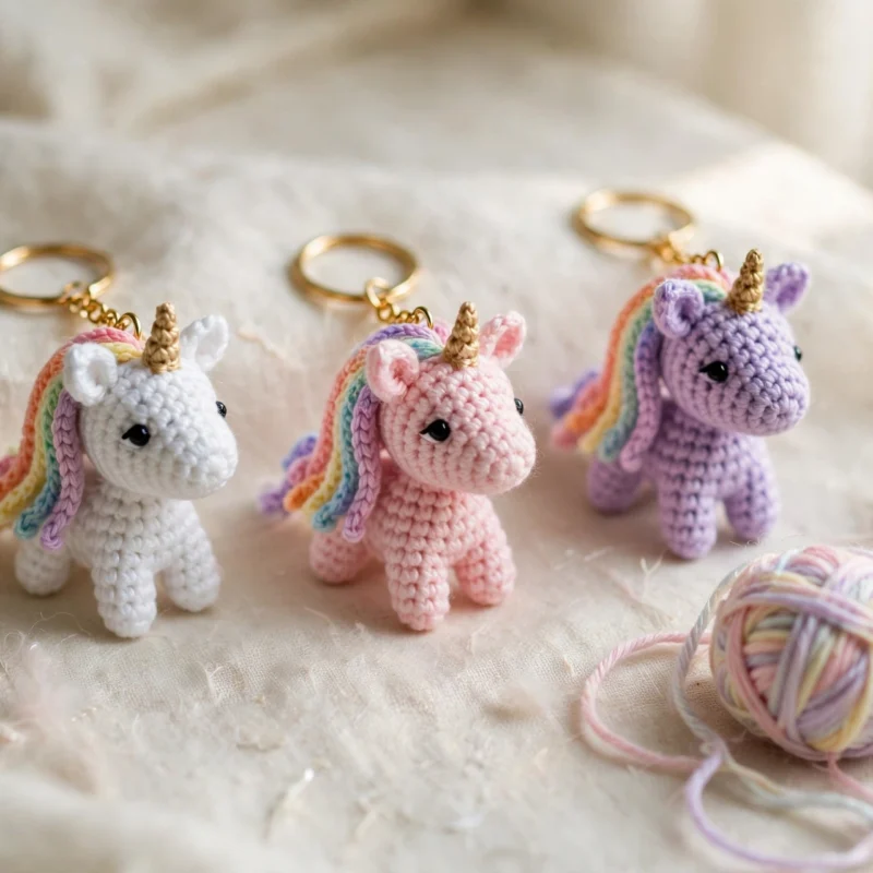 Three tiny crochet unicorn keychains in white, pink and lavender yarn with rainbow manes and golden horns on a cream linen surface beside a pastel yarn ball and a crochet hook.