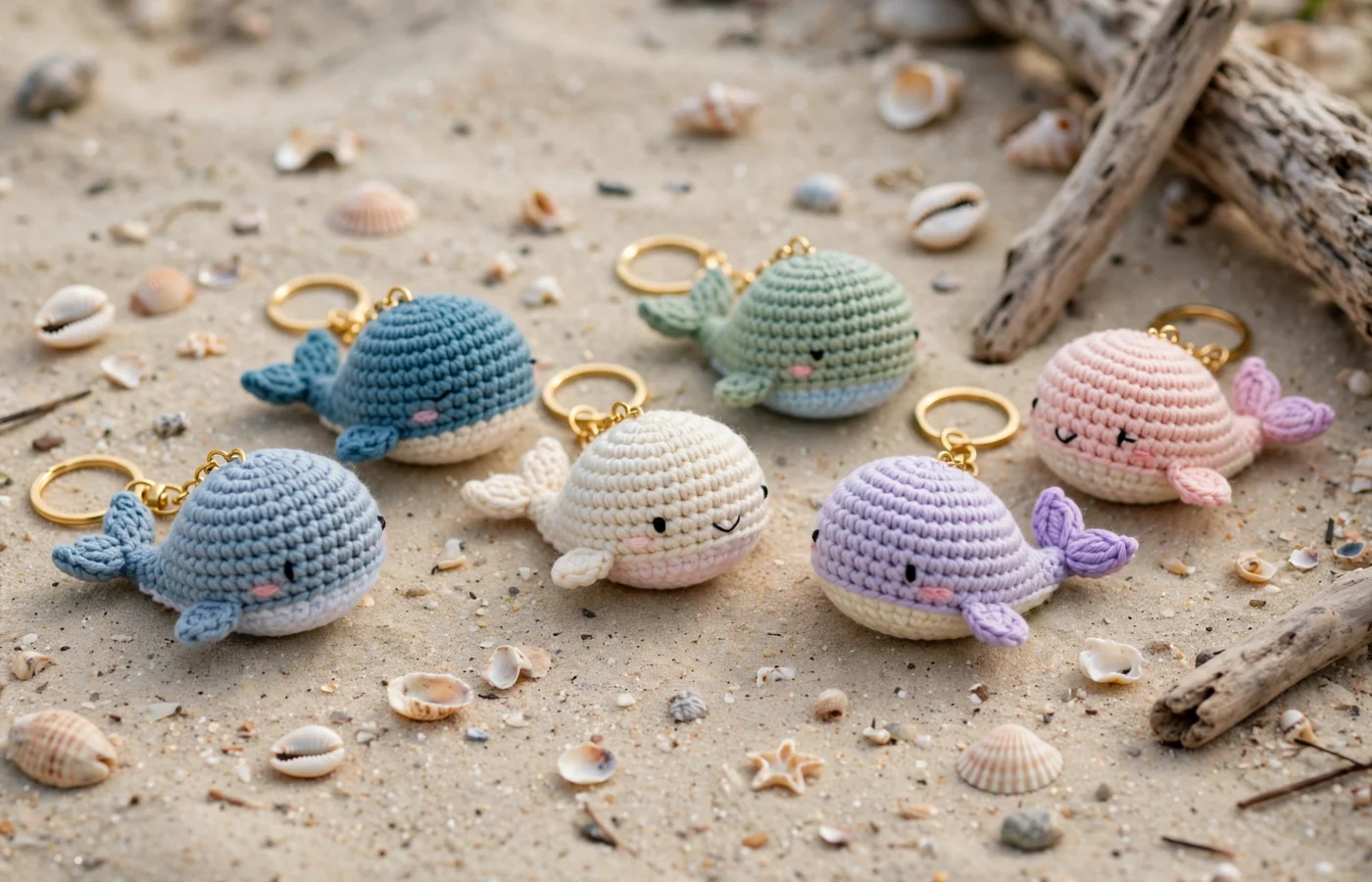 Colorful crochet whale keychains on beach sand with seashells