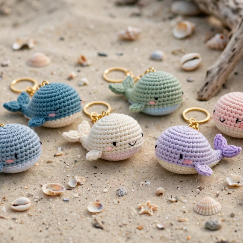 Colorful crochet whale keychains on beach sand with seashells