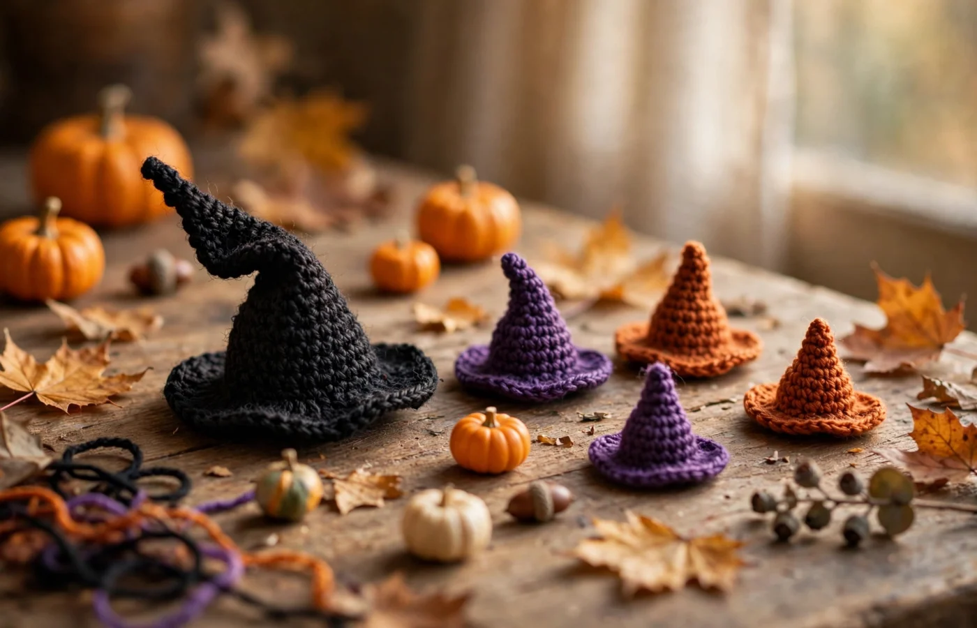 Hand-crocheted mini witch hats in black, purple and orange yarn on a wooden table with small pumpkins and autumn leaves