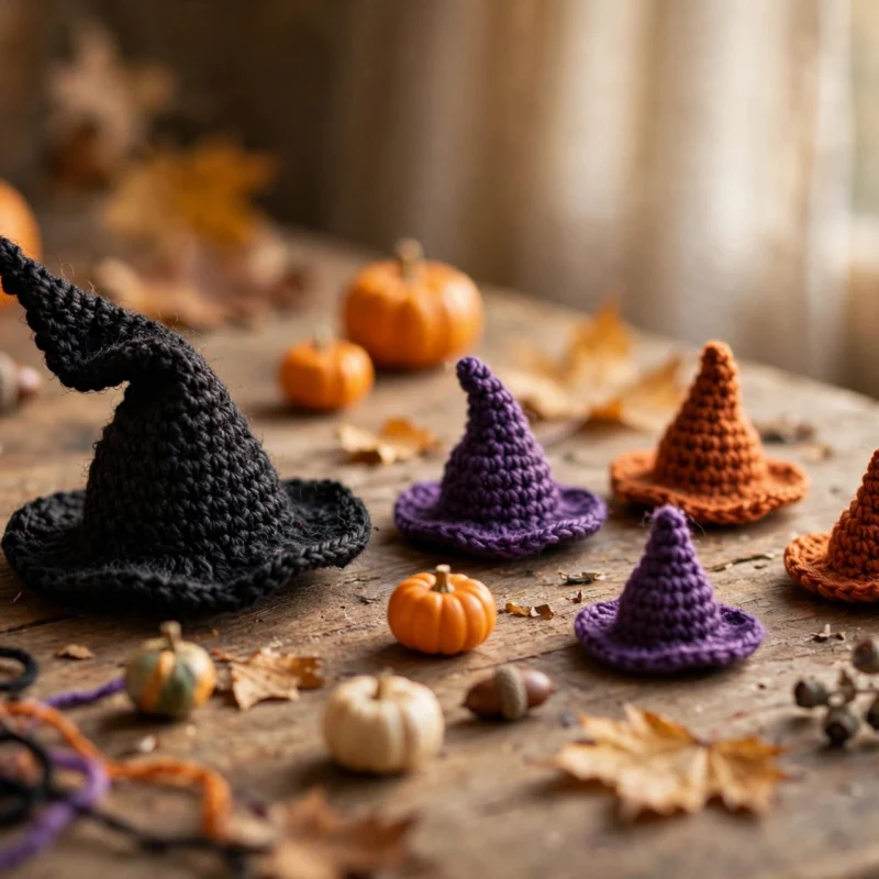 Hand-crocheted mini witch hats in black, purple and orange yarn on a wooden table with small pumpkins and autumn leaves