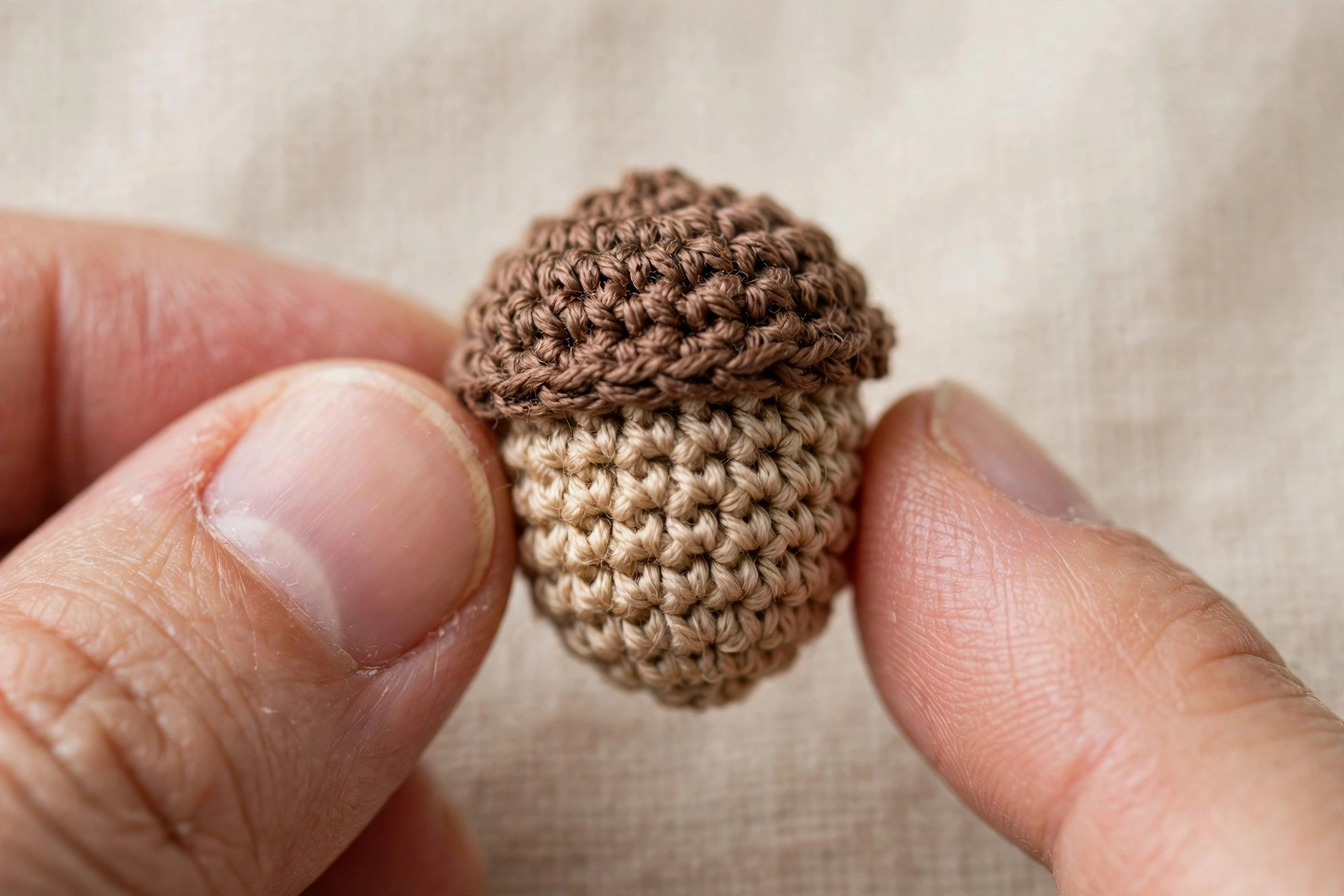 Close-up of a tiny crocheted acorn showing textured stitches and a brown cap.