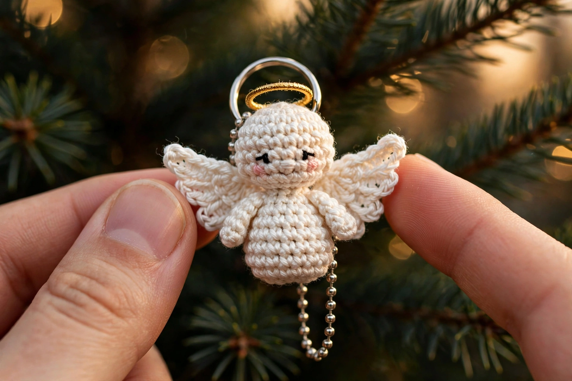 Fingers holding a tiny white crochet angel keychain with stitched wings, a golden halo, an embroidered face, and a silver ball chain, against a blurred pine-branch background.