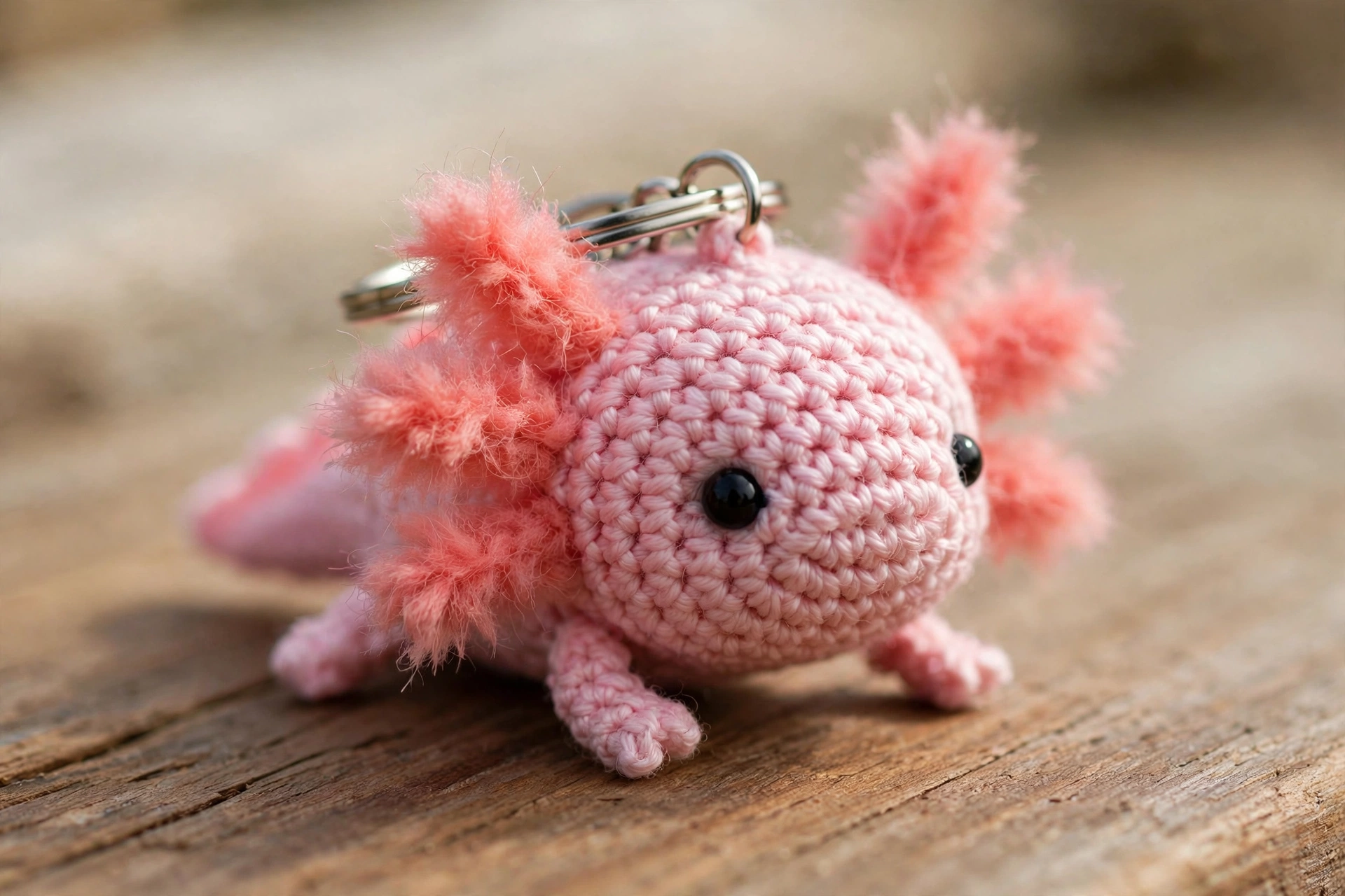 Close-up of a tiny pink crochet axolotl keychain with fluffy coral gills and black safety eyes on a wooden surface
