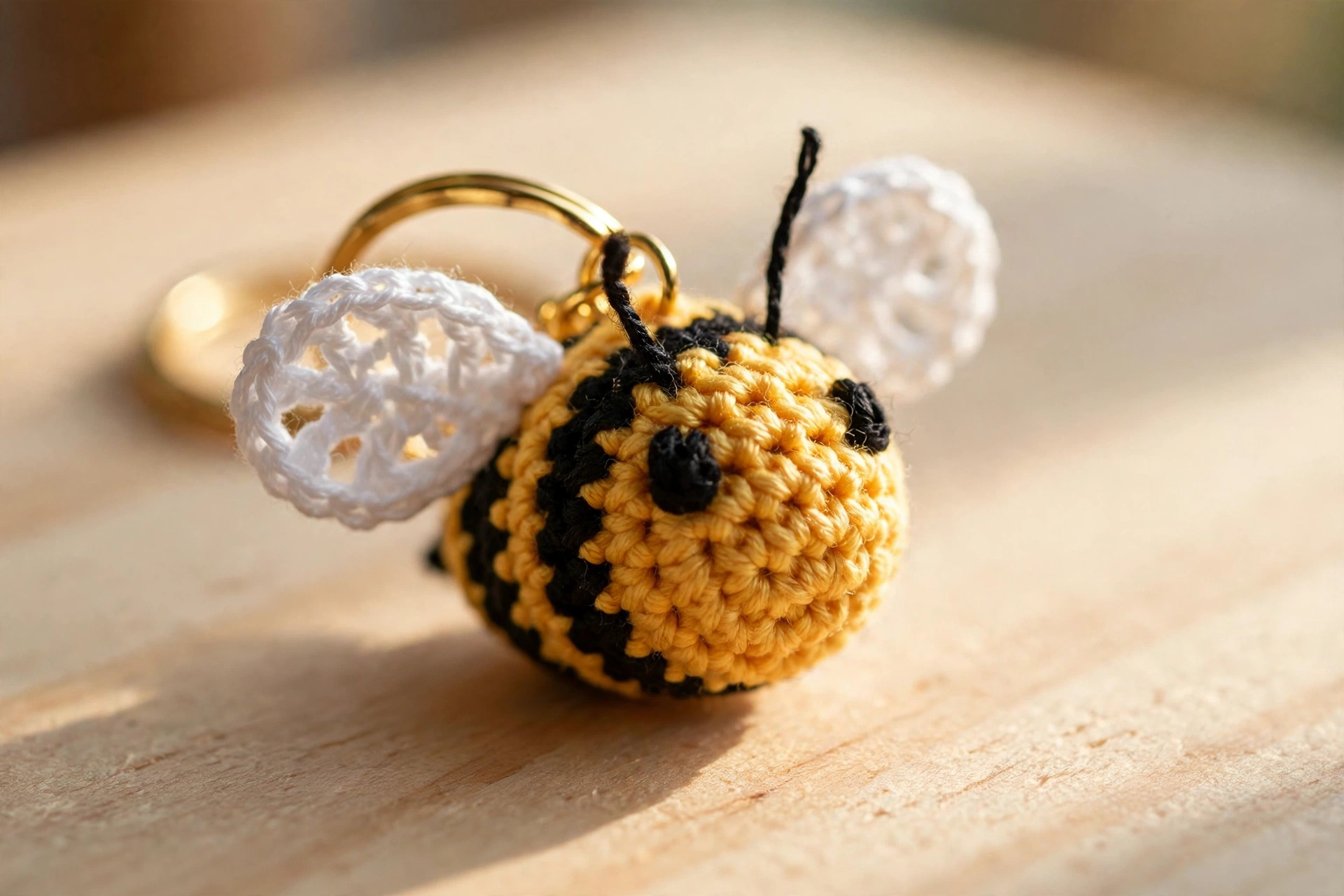 Close-up of a crocheted bee keychain with white wings and gold keychain ring