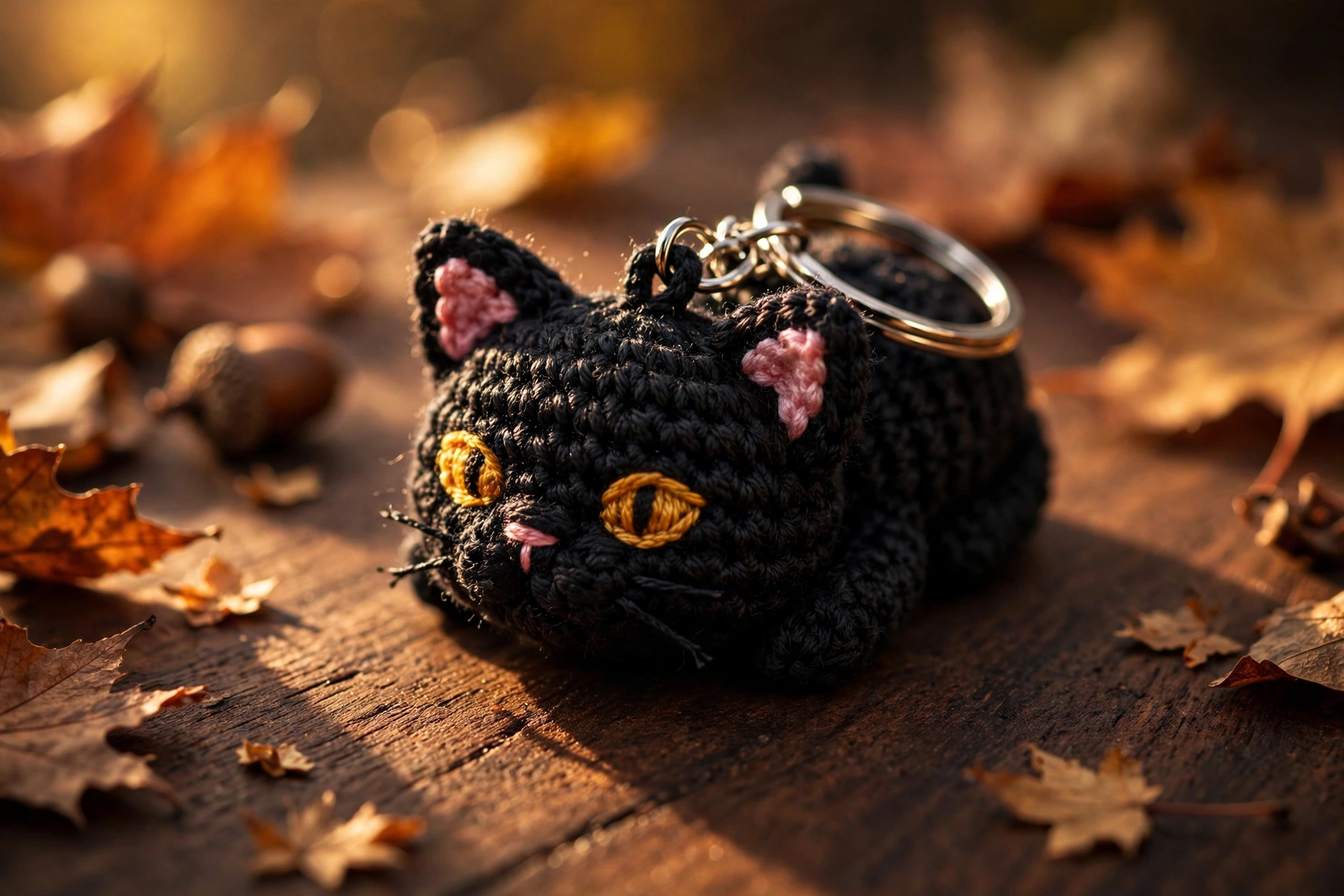 Close-up of a small black crochet cat keychain with amber embroidered eyes and pink inner ears, resting on dark wood with autumn leaves