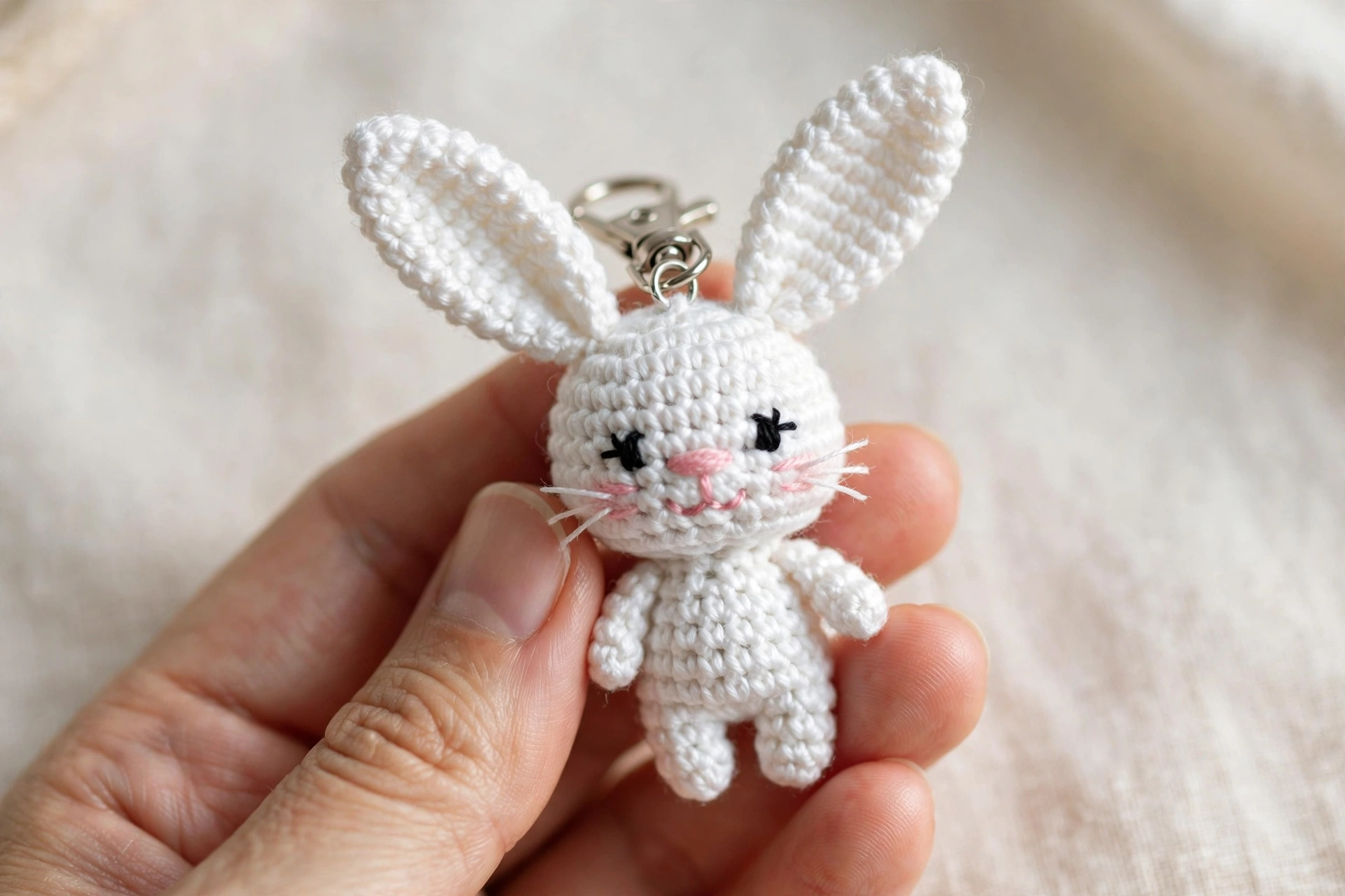 A tiny white crochet bunny keychain with long ears held in a hand