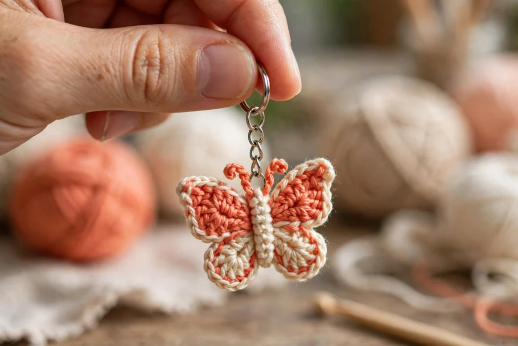 Hand holding a coral and cream crochet butterfly keychain with a silver split ring and chain