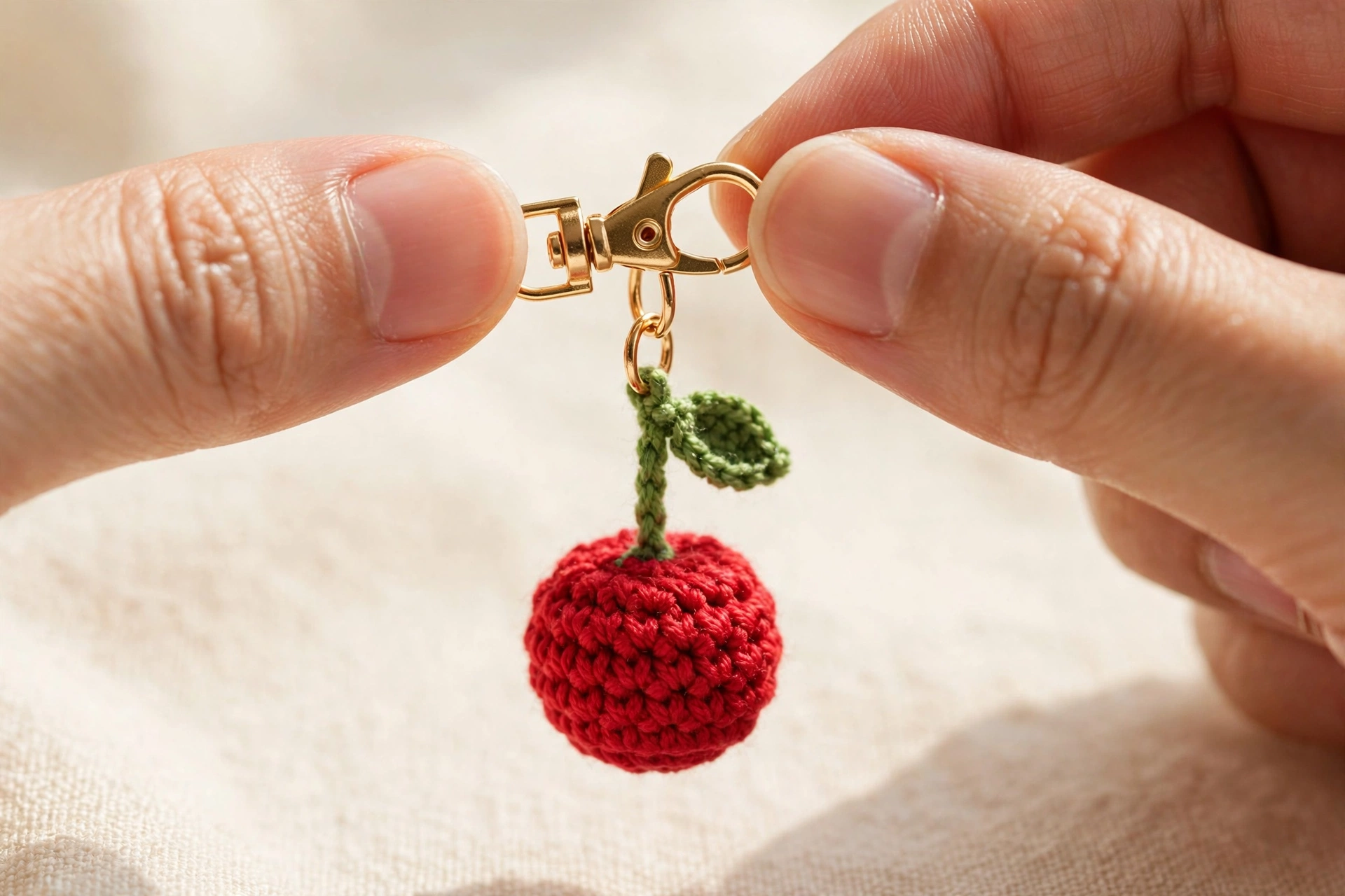 Single red crochet cherry keychain with a green stem and leaf on a gold lobster clasp
