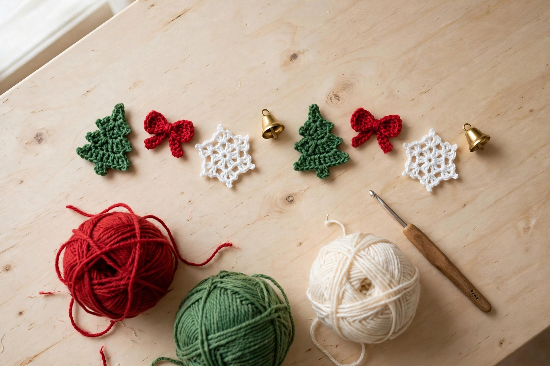 Small crochet Christmas garland motifs on a wooden table with red, green and cream yarn and a crochet hook