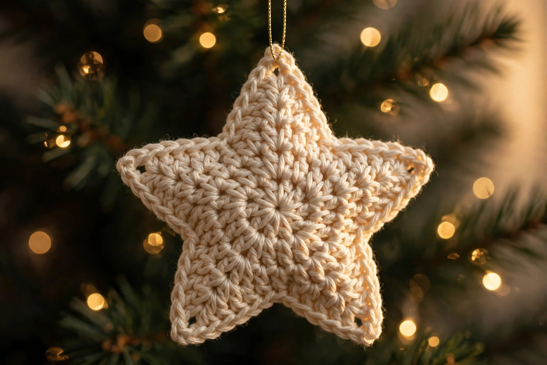 Close-up of a cream crochet star ornament hanging from a gold thread on a Christmas tree