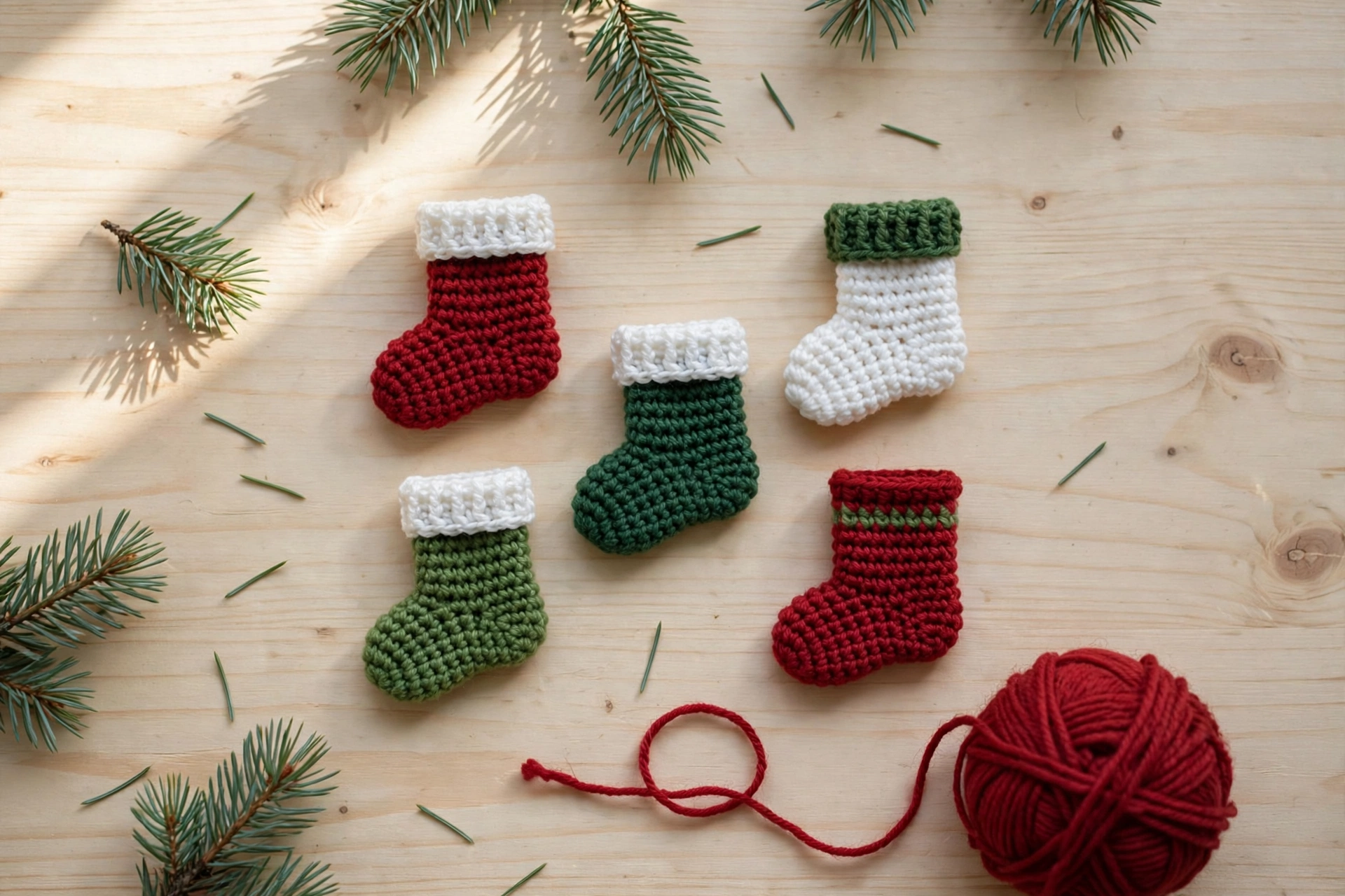 Five tiny mini crochet Christmas stockings in red, white and green arranged on a wooden table with pine sprigs