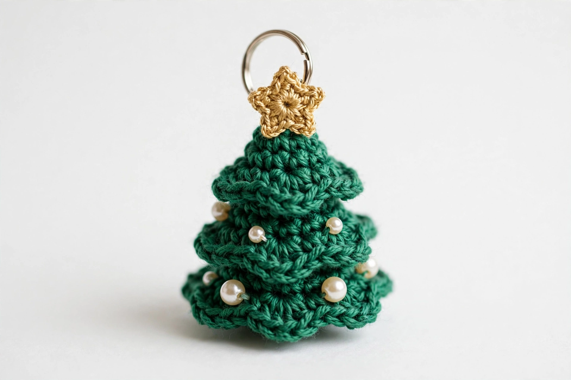 Close-up of a single green crochet Christmas tree keychain with a crocheted gold star topper and pearl bead decorations on a white background
