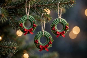 Three tiny crochet Christmas wreath ornaments with red bows and berries hanging from a Christmas tree branch