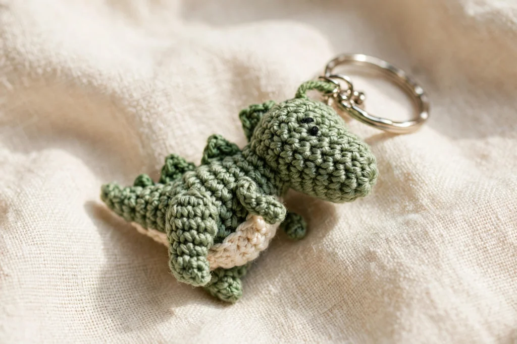 Close-up of a small green crochet dinosaur keychain with a cream belly on cream linen cloth