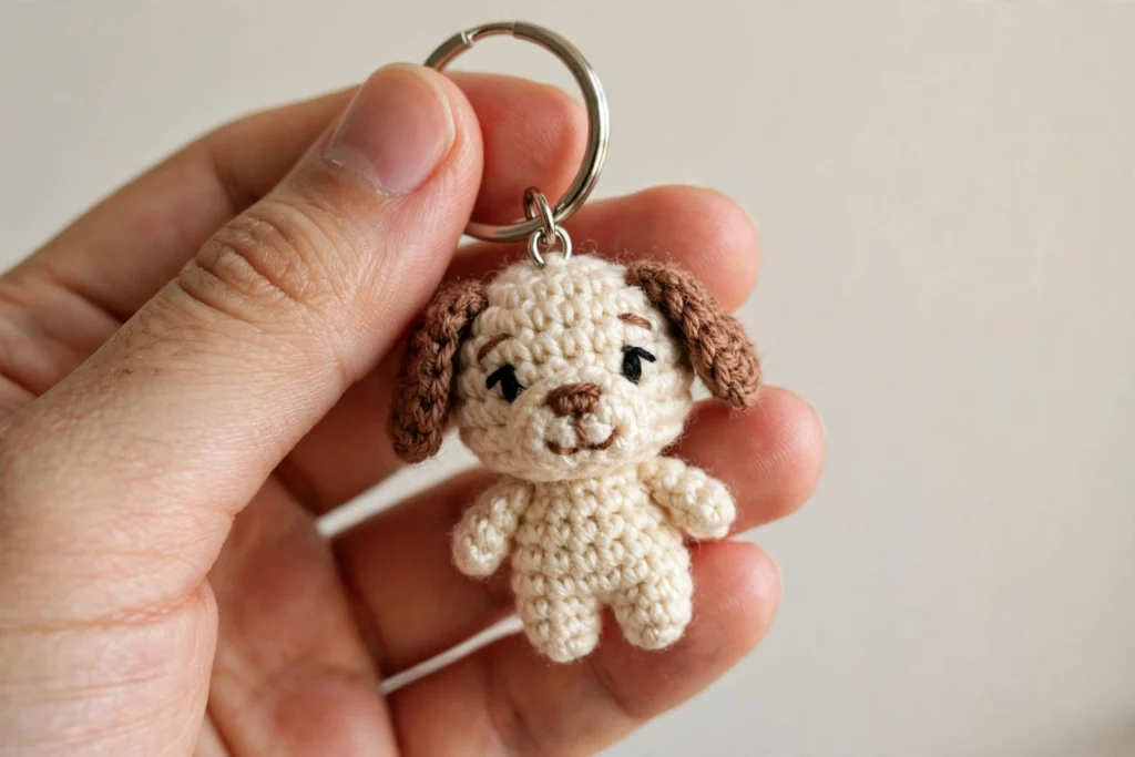 A tiny cream crochet dog keychain with brown floppy ears held in a hand