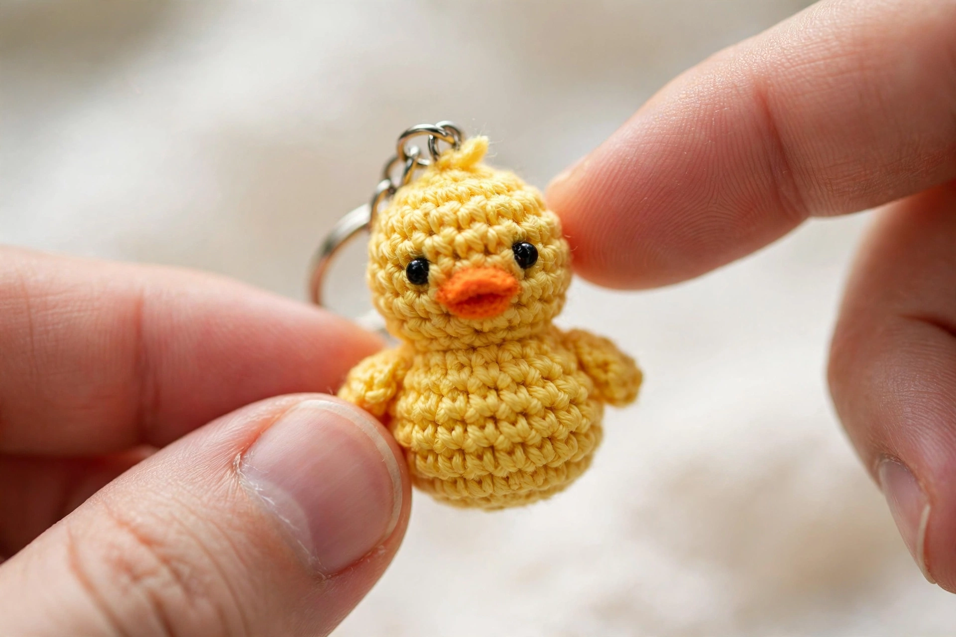 Tiny yellow crochet duck keychain with orange beak held between fingers