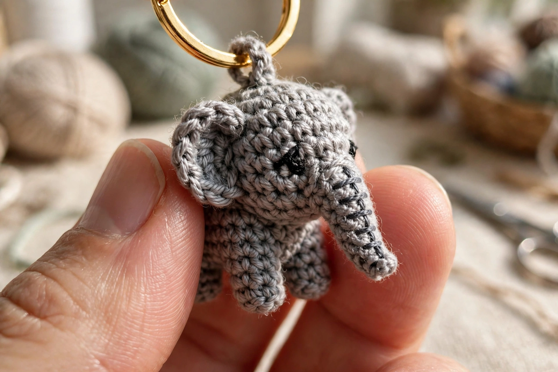 Close-up of a tiny gray crochet elephant keychain with a gold keyring held between fingers.