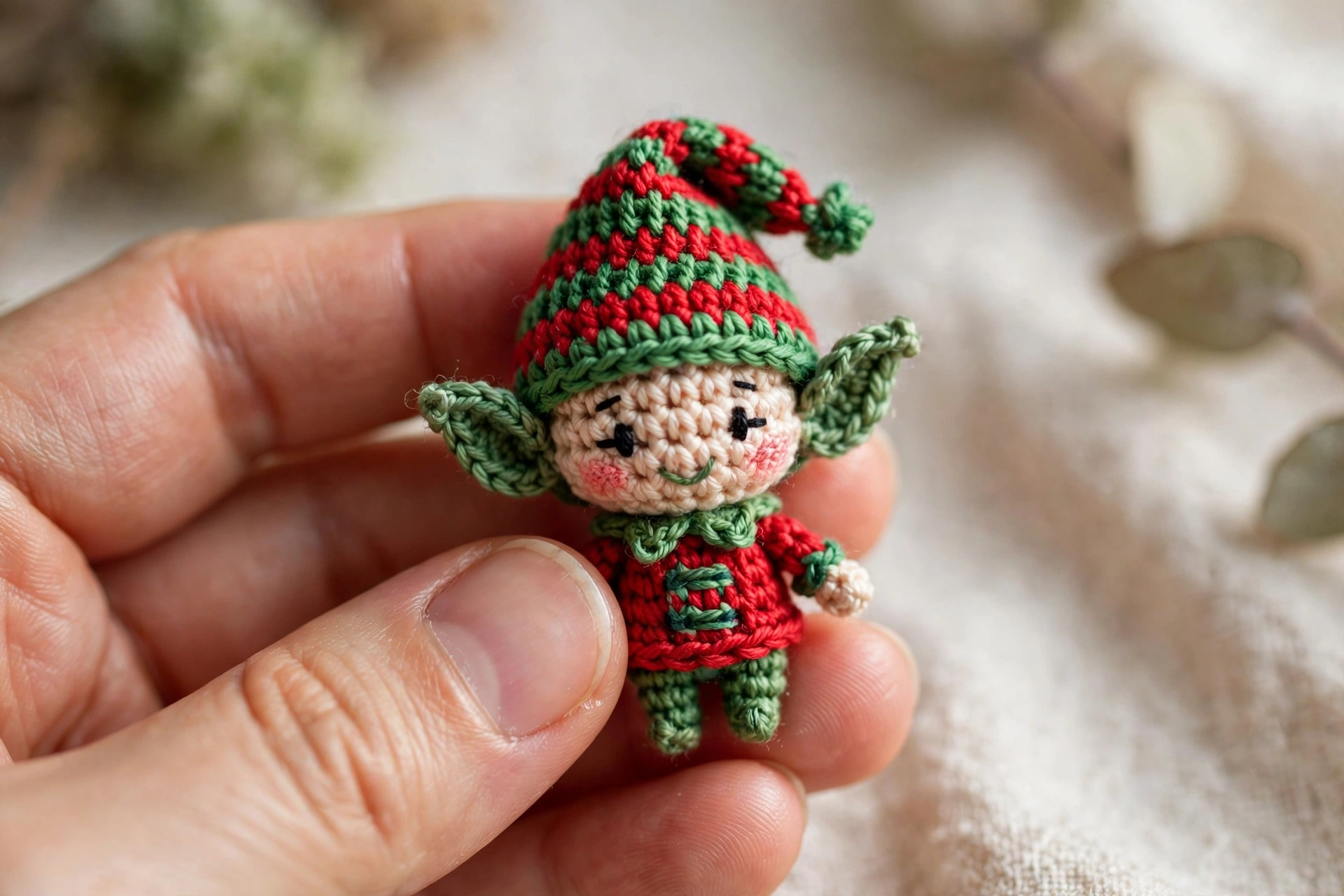A tiny crochet Christmas elf doll in red and green yarn with a striped hat held in a hand