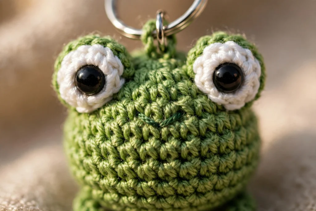 Close-up of a green crochet frog keychain showing stitch texture, white eye bumps and black safety eyes