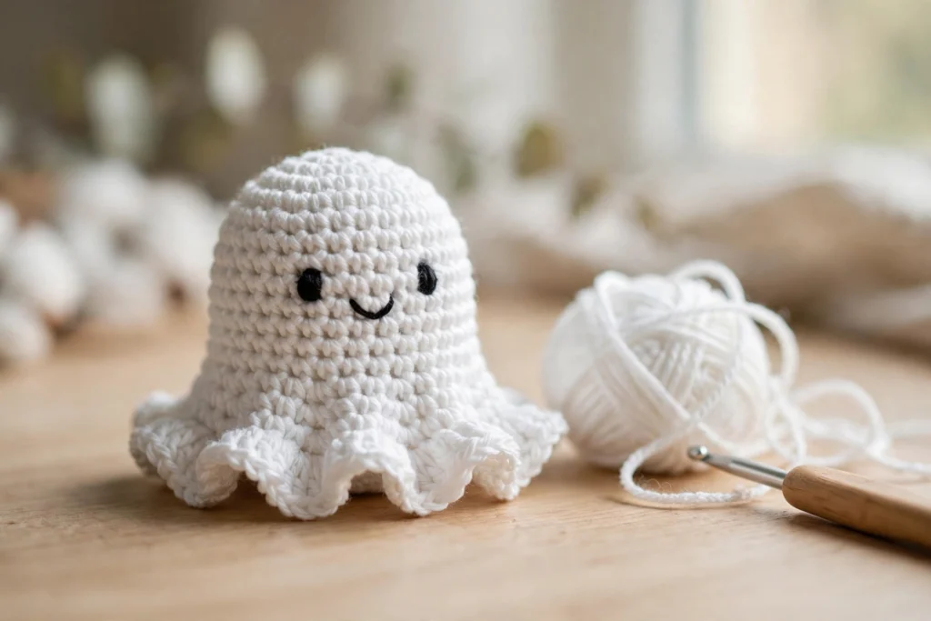 Close-up of a tiny white crochet ghost with embroidered eyes and smile next to a ball of white yarn and a crochet hook on a wooden table