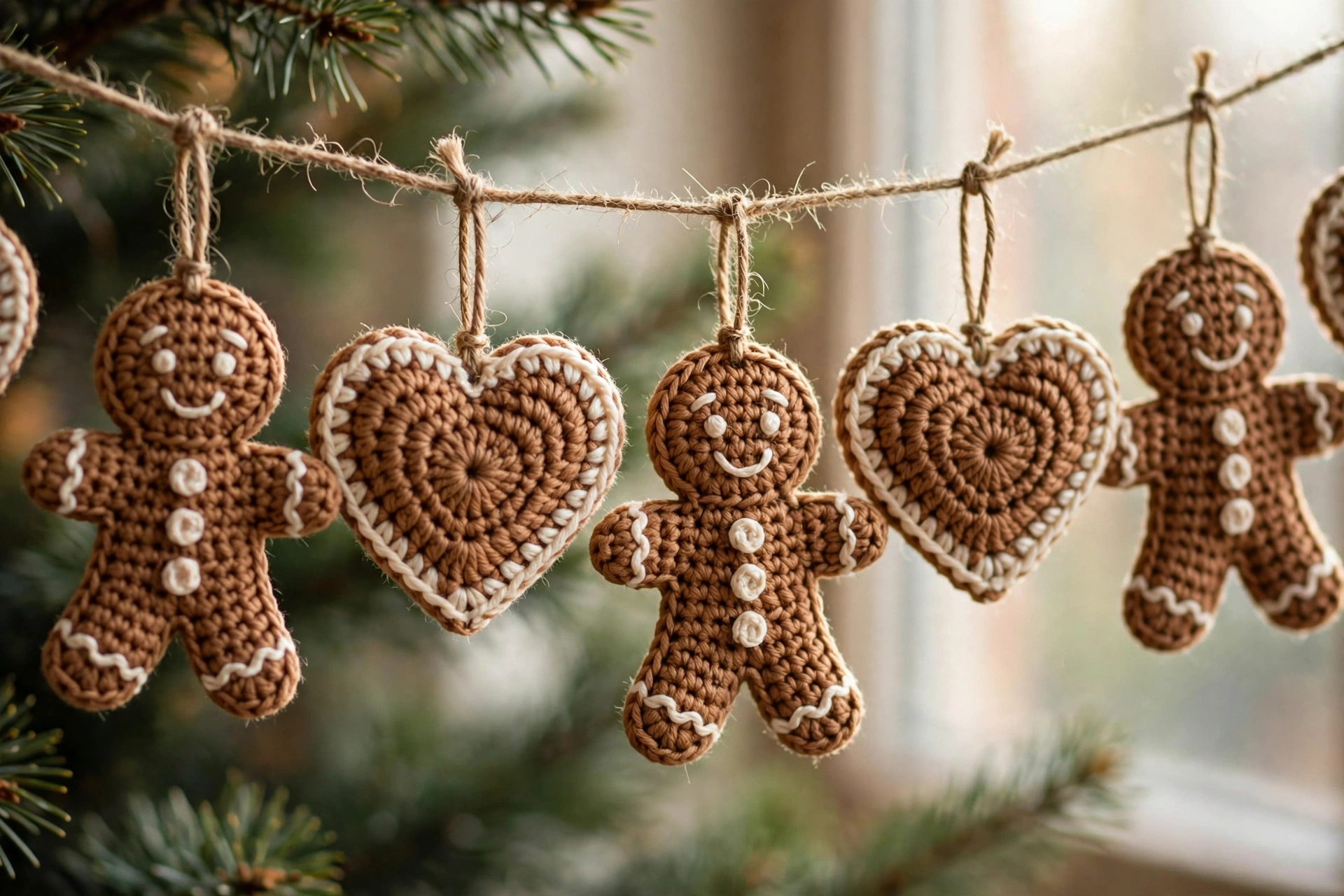Crocheted gingerbread man and heart ornaments with white icing trim hanging on a twine garland