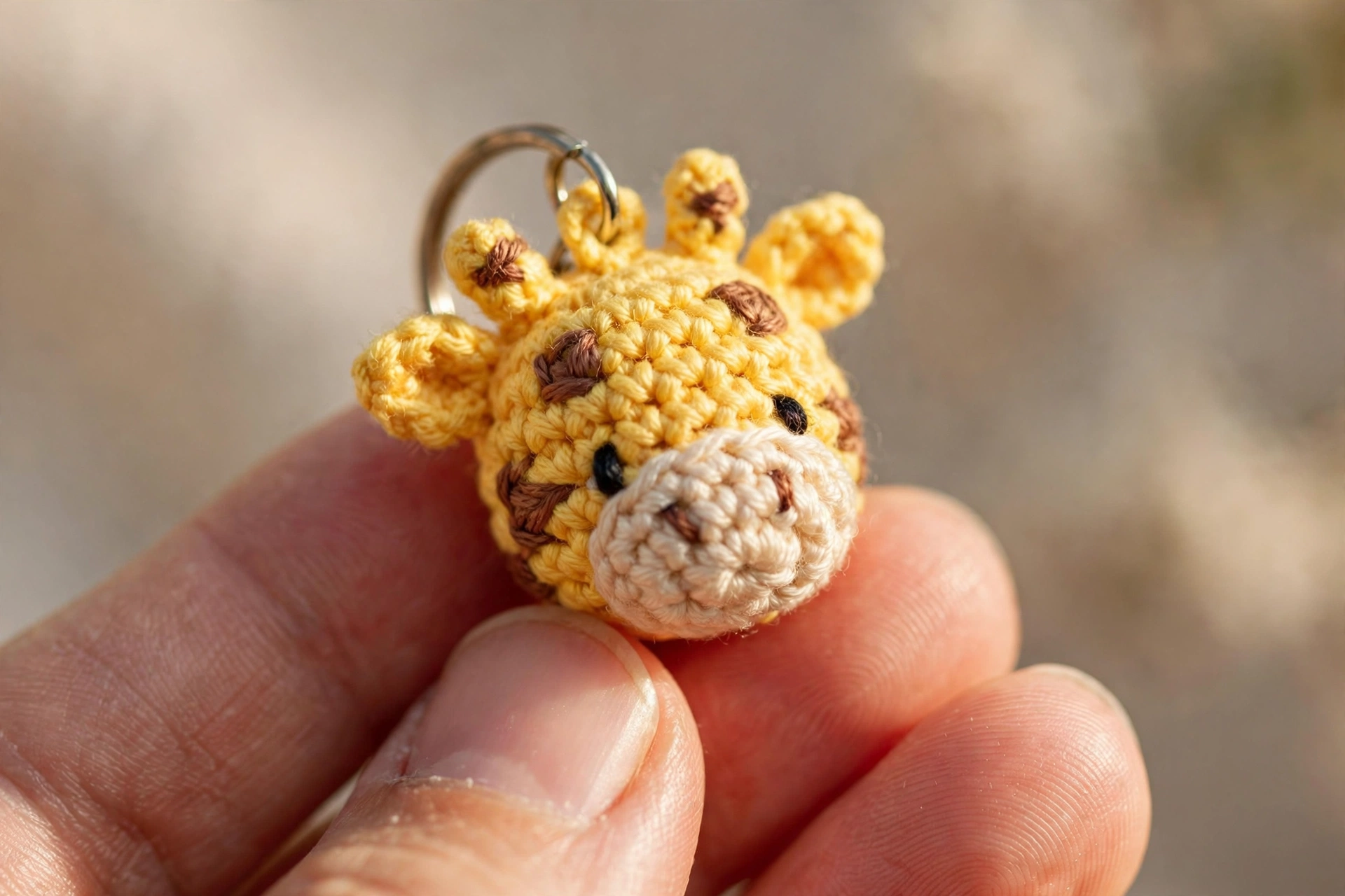 Close-up of a tiny yellow crochet giraffe head keychain with brown spots held between fingertips, showing the metal split ring attachment.