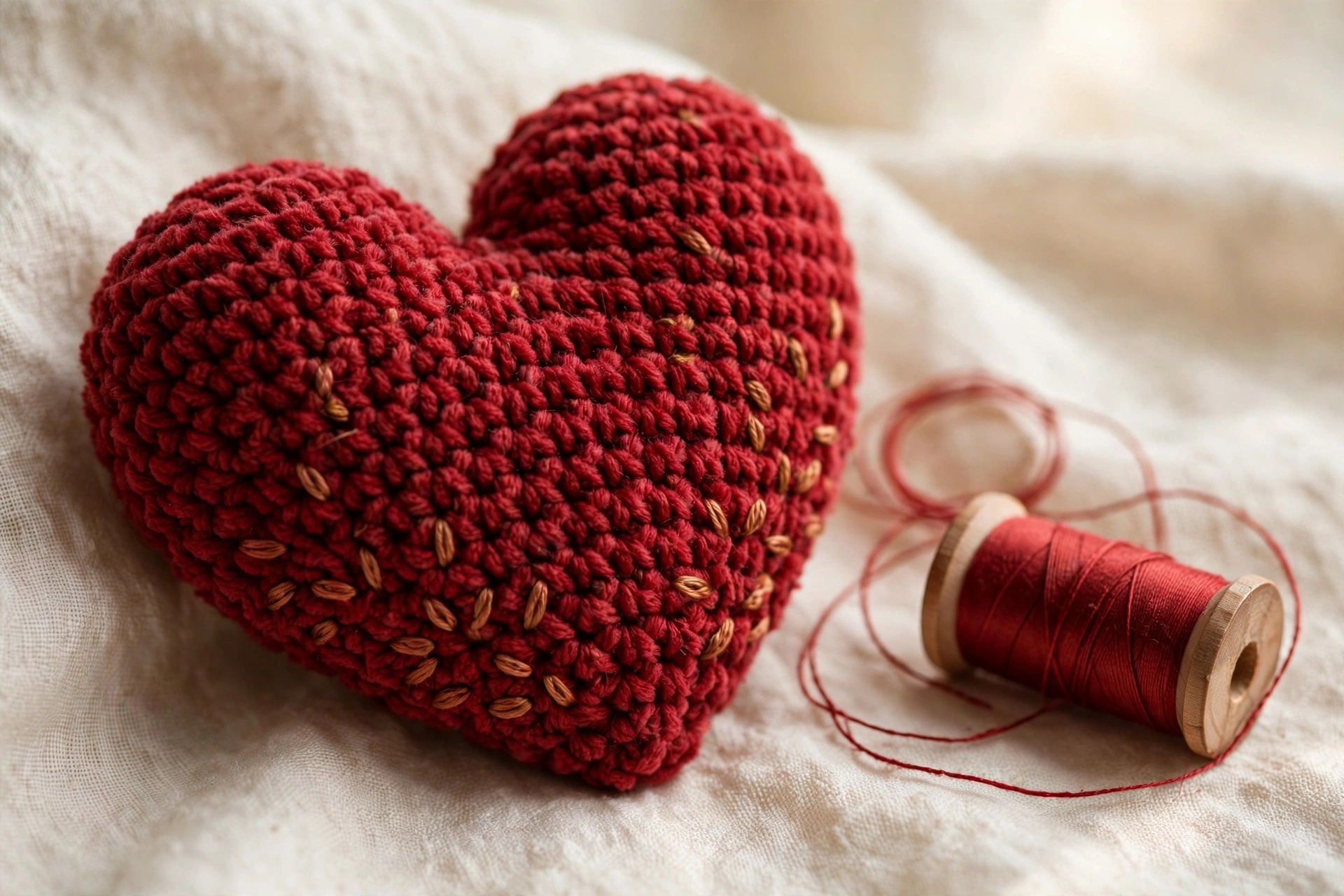 Close-up of a plush red crochet heart showing single crochet stitch texture