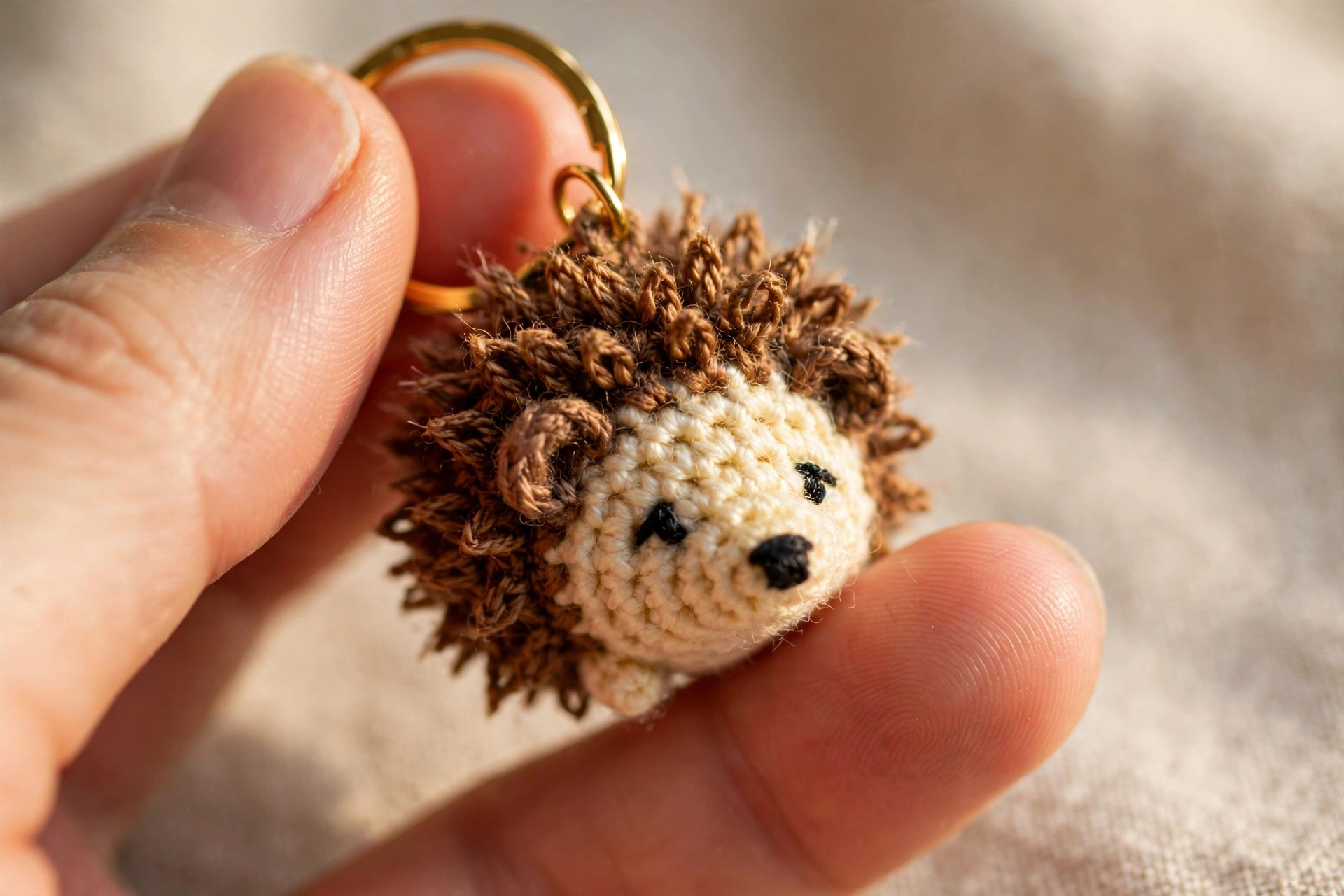 Tiny crochet hedgehog keychain with spiky brown back and cream-colored embroidered face held between fingers.