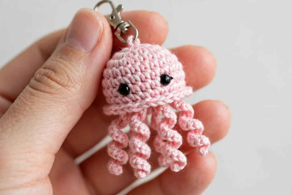 A small pink crochet jellyfish keychain with black safety eyes and curly tentacles held in a hand