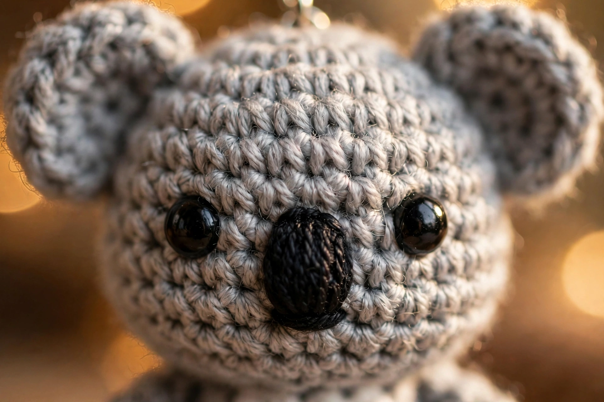 Close-up of a tiny gray crochet koala keychain face showing single-crochet stitch texture, black safety eyes and embroidered nose