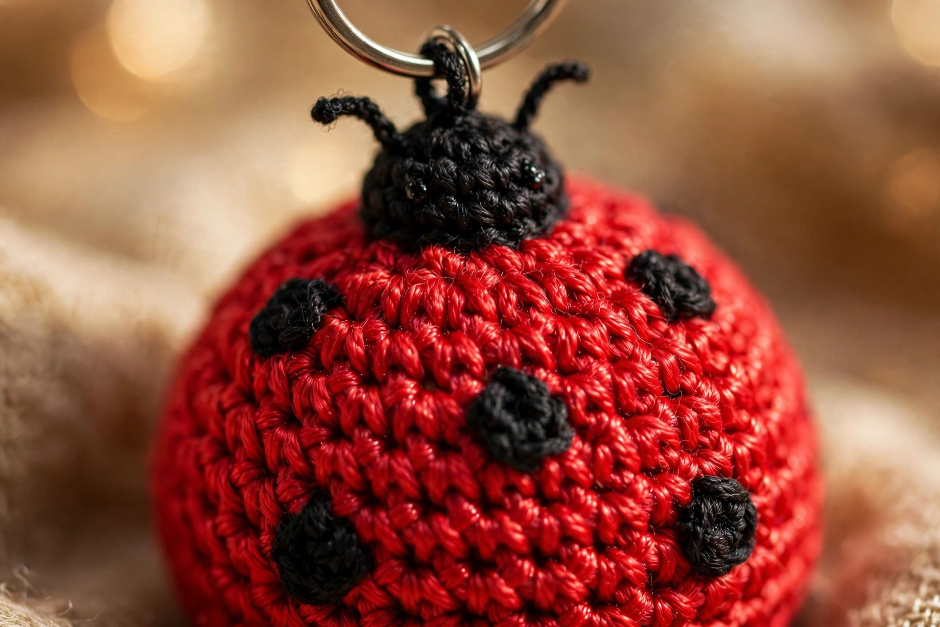 Close-up of a small crocheted red ladybug with black spots and black head
