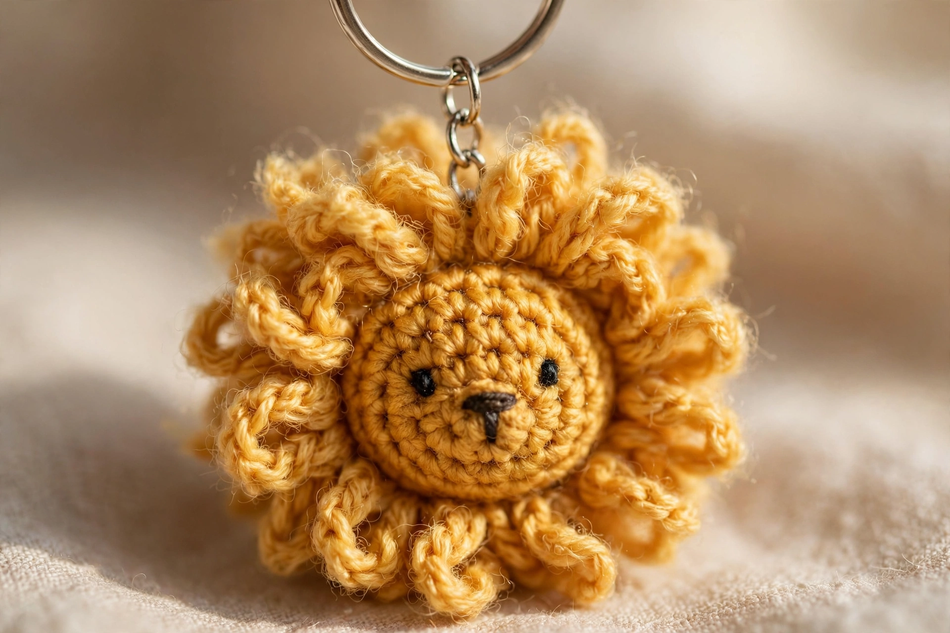 Close-up of a tiny crochet lion head keychain with a fluffy golden yarn mane and a silver keyring.