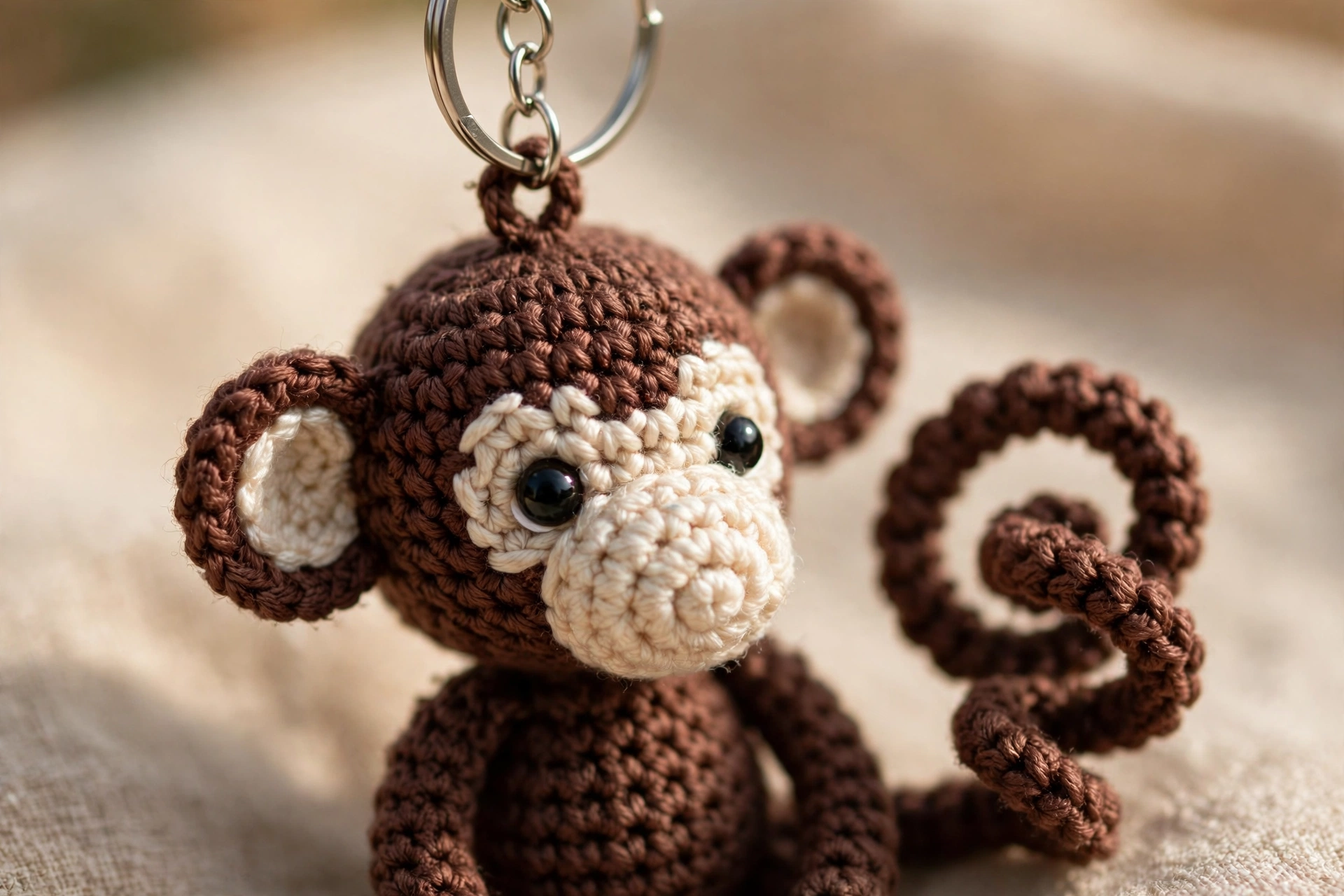 Close-up of a small brown crochet monkey amigurumi with a keyring attached.