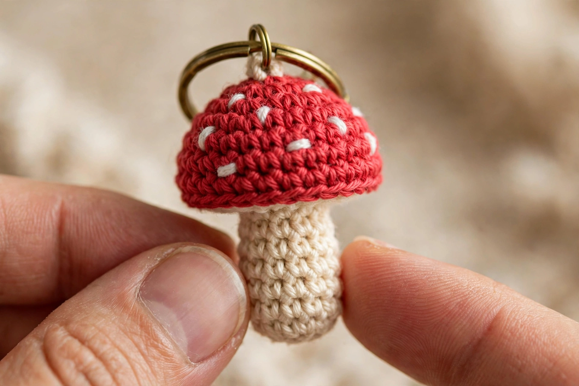 Close-up of a handmade red crochet mushroom keychain with white spots held between fingers
