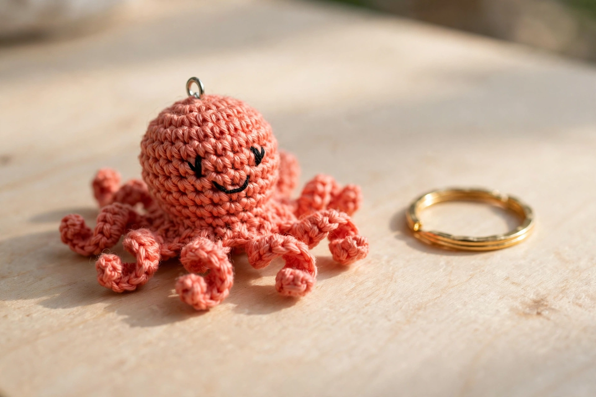 Close-up of a tiny coral-pink crochet octopus keychain charm with an embroidered smiling face next to a gold keyring